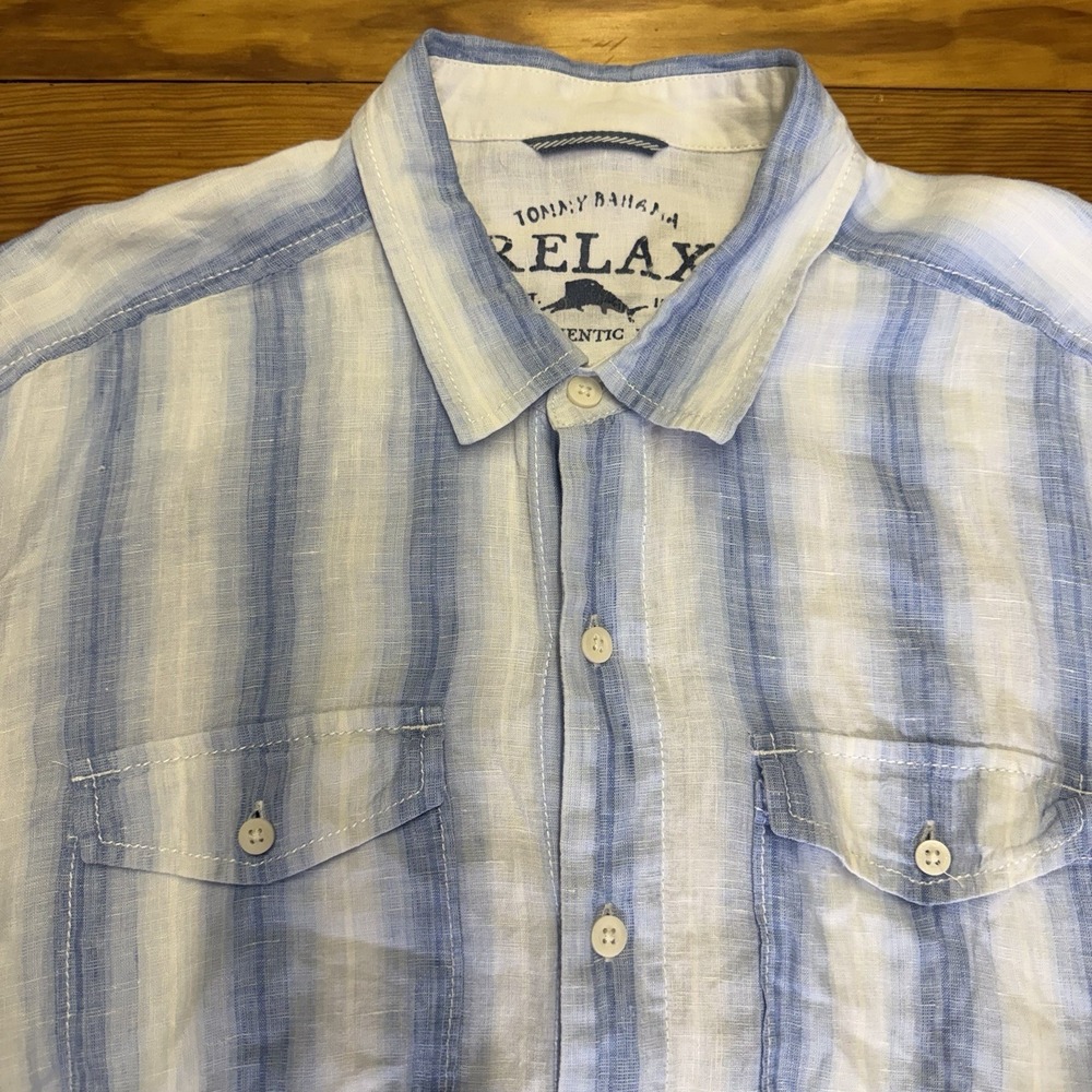 Tommy Bahama Relax Linen Shirt Mens XL Blue White Stripe Long Sleeve Button Up